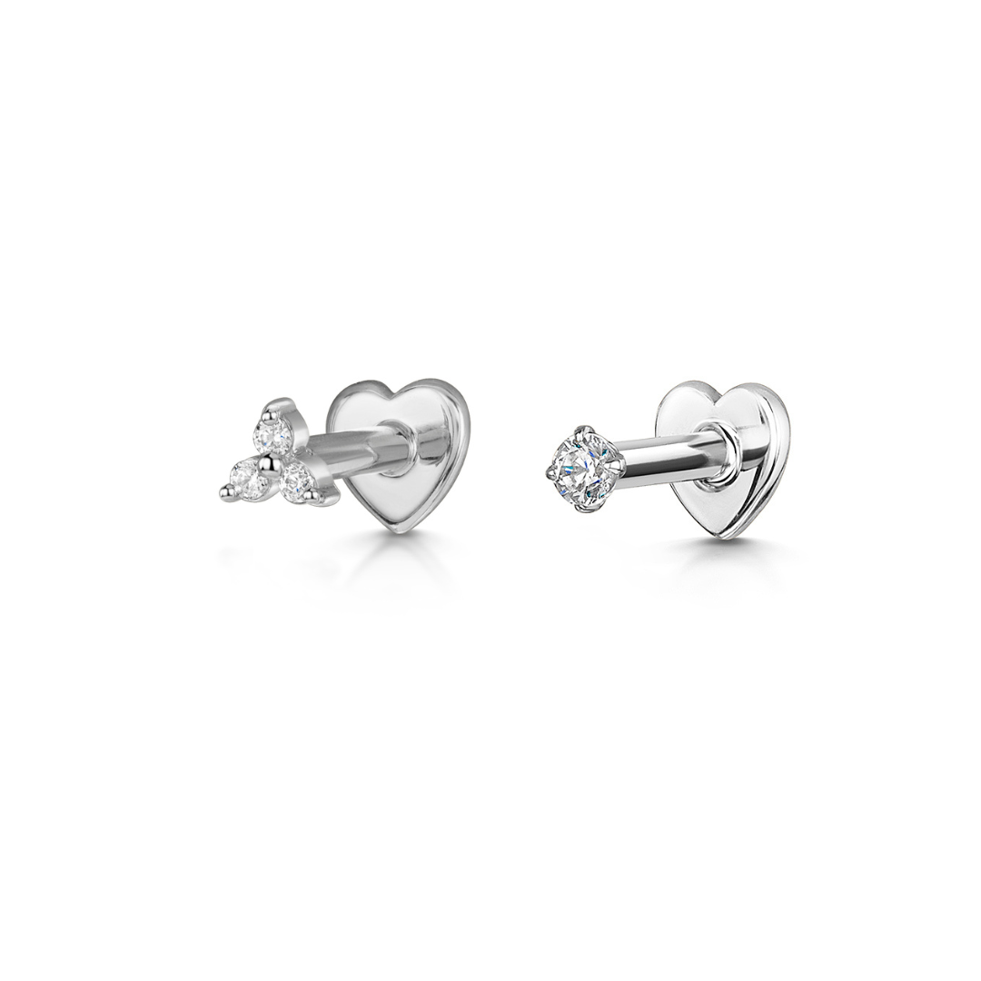 The tiny trio stacking set - 9k solid white gold flat back labret stud earring set