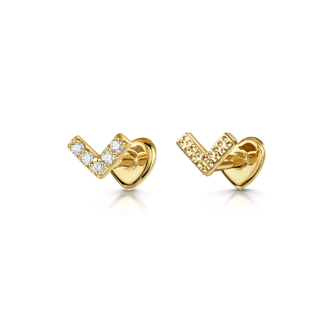 The chevron stacking set - 9k solid yellow gold flat back labret stud earring set