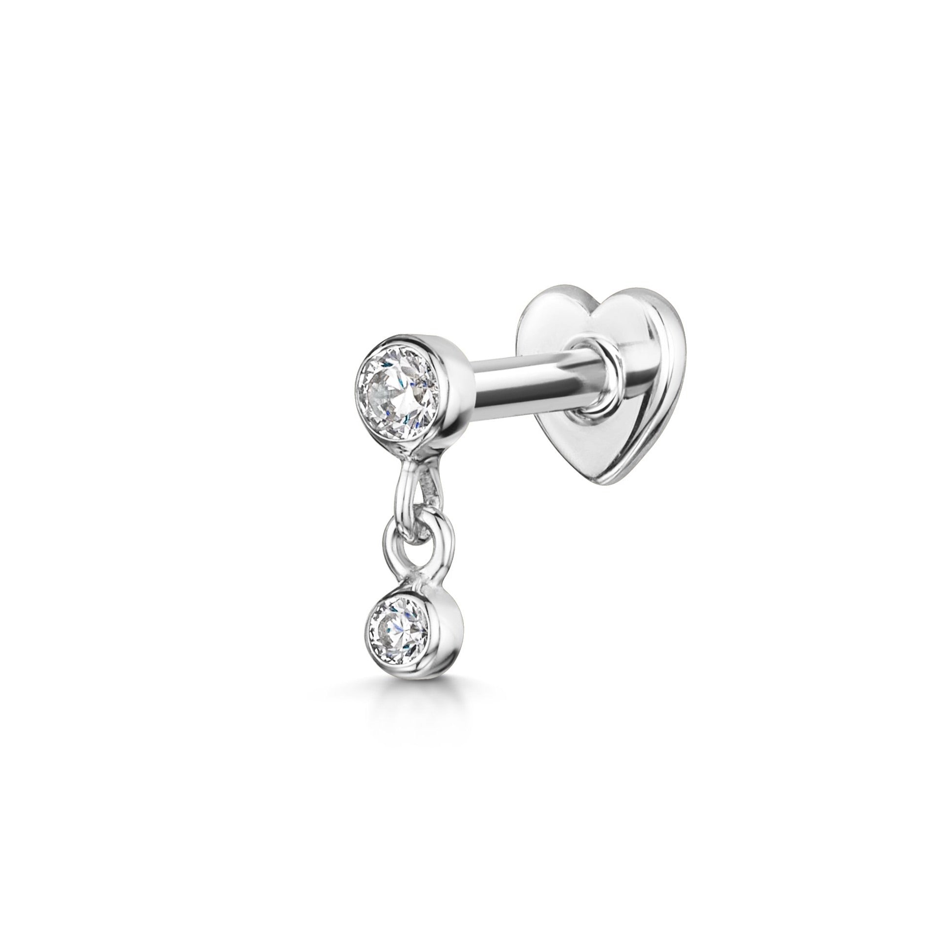 9k solid white gold hanging crystal gem labret flat back labret stud - LAURA BOND jewellery