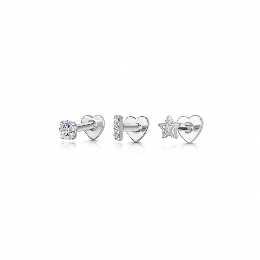 The galaxy stacking set - 9k solid white gold flat back labret stud earring set