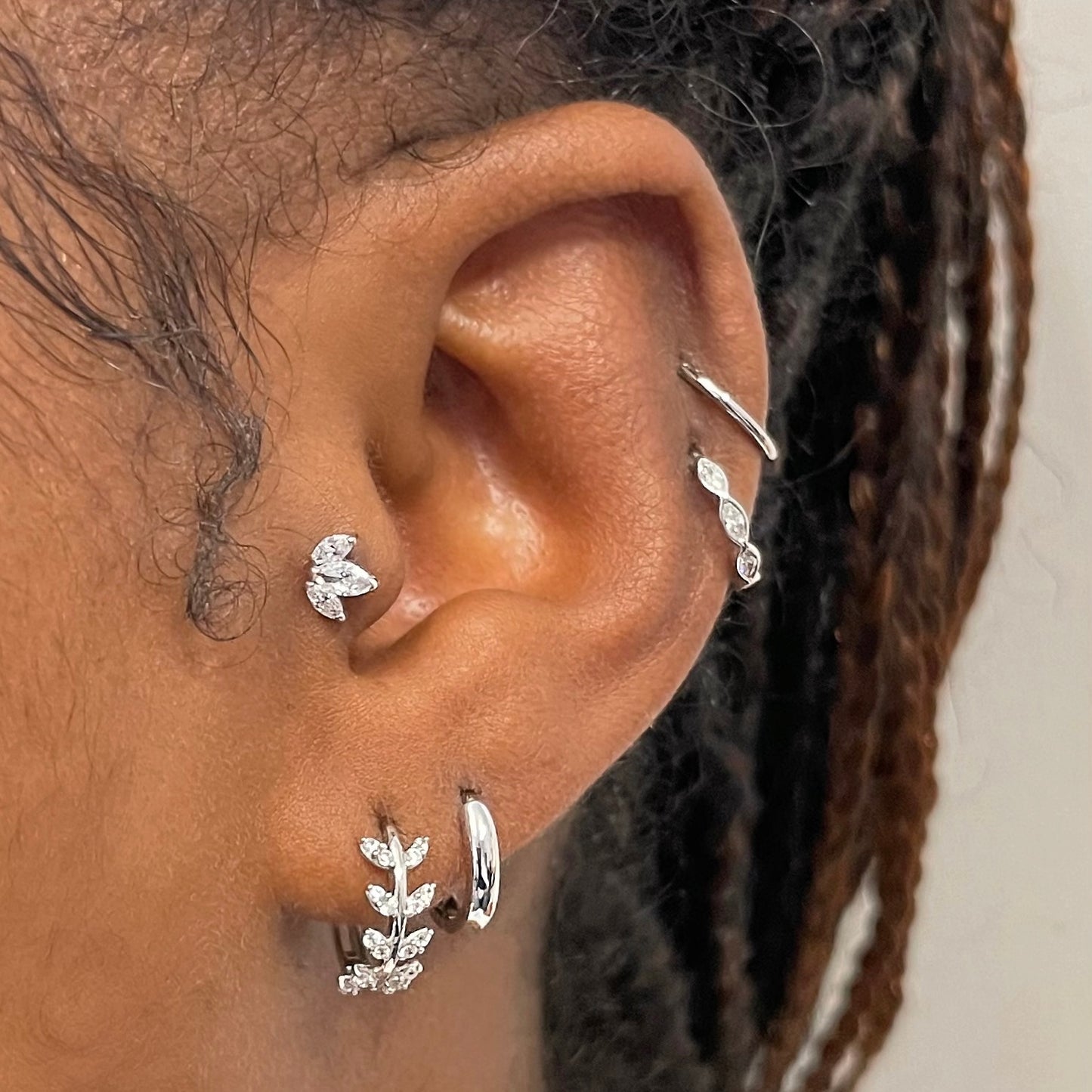 9k solid white gold Aphrodite vine leaf huggie earring pair - LAURA BOND jewellery