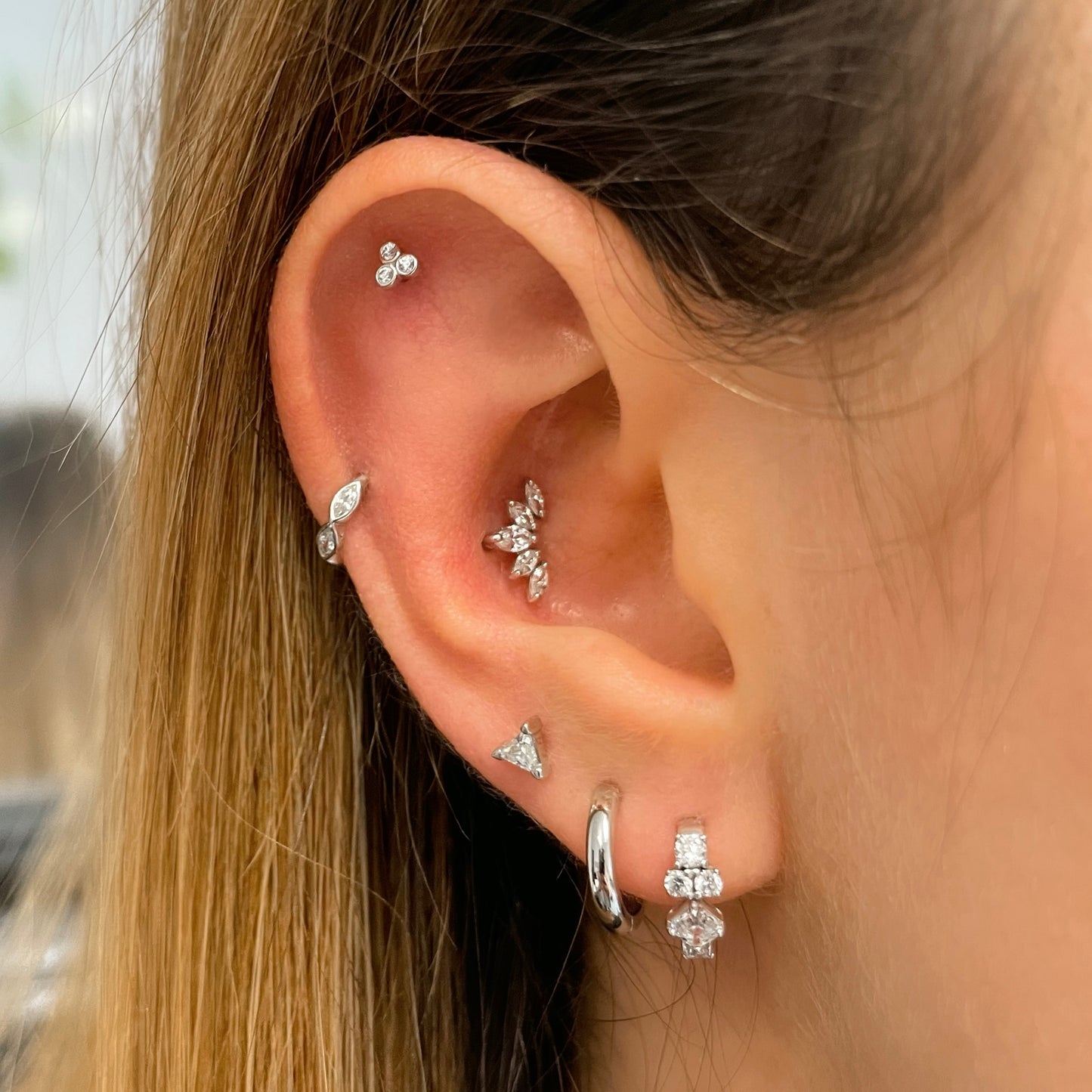 9k solid white gold marquise crystal mini 6mm clicker hoop earring