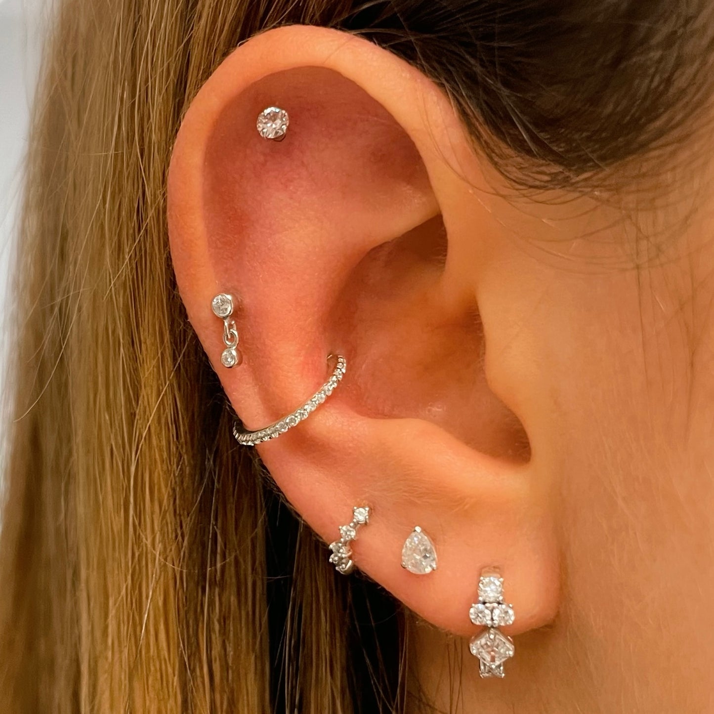 9k solid white gold hanging crystal gem flat back labret stud earring 6mm