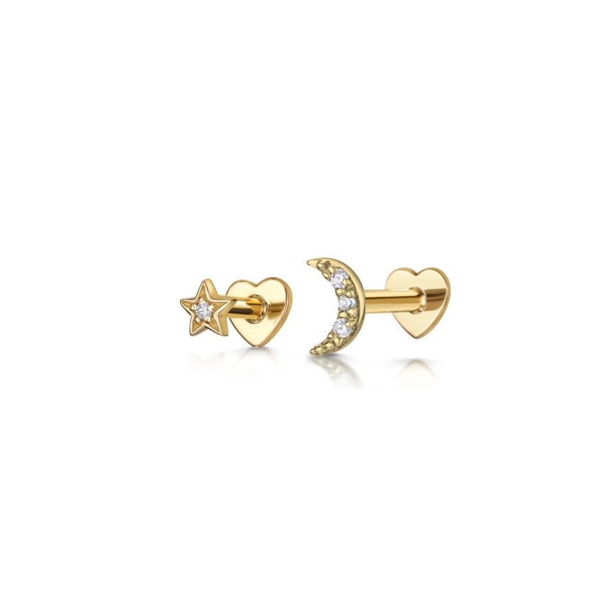 The twilight stacking set - 9k solid yellow gold flat back labret stud earring set