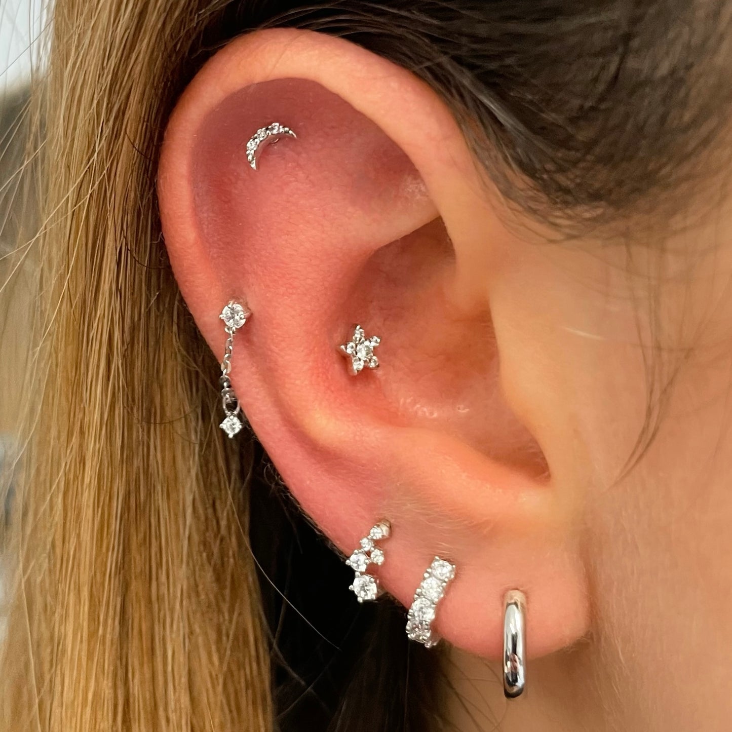 9k solid white gold crystal moon flat back labret stud earring 6mm