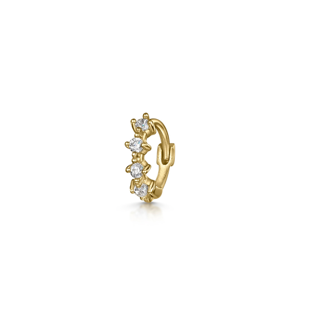 9k solid yellow gold four-stone crystal teeny tiny huggie earring Huggies and Hoops Laura Bond Maria Tash astrid miyu
