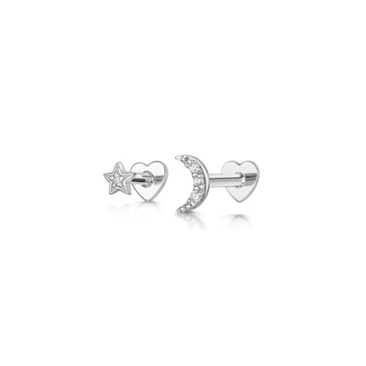 The twilight stacking set - 9k solid white gold flat back labret stud earring set