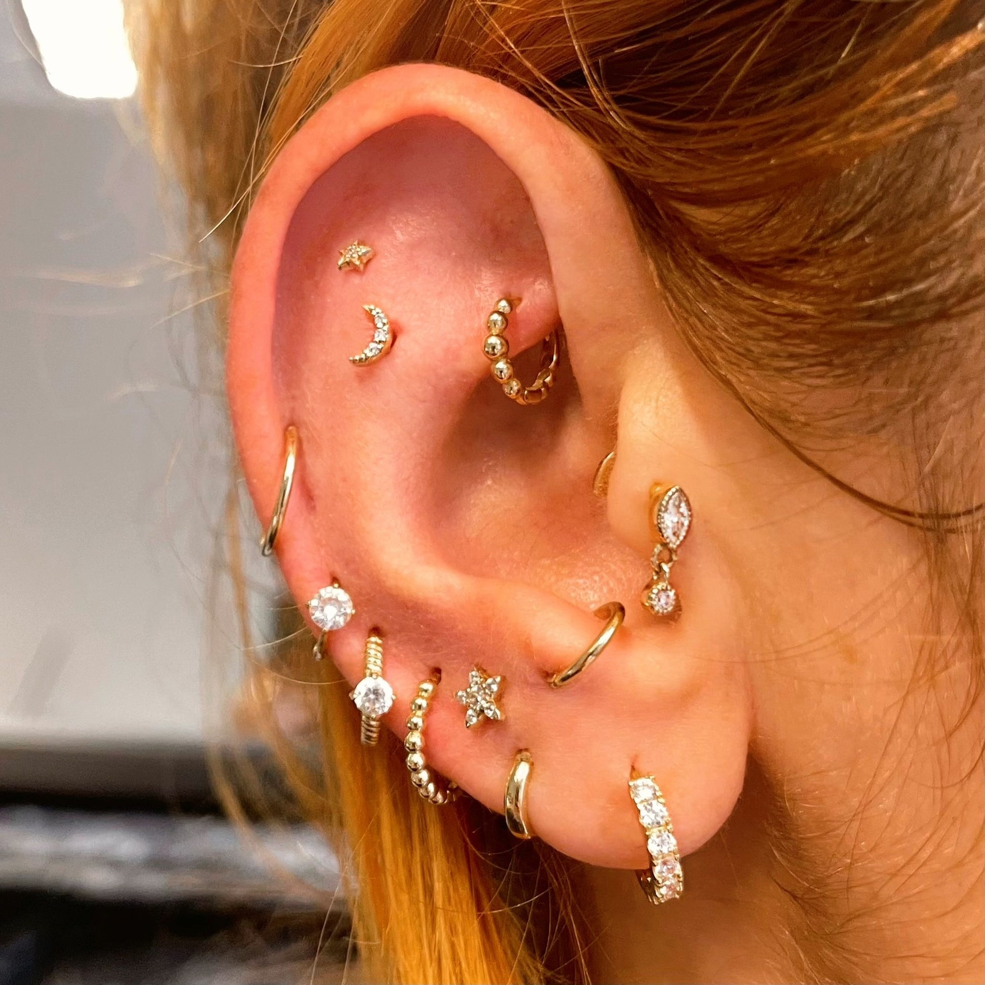 9k solid yellow gold crystal moon labret stud earring - Laura Bond jewellery
