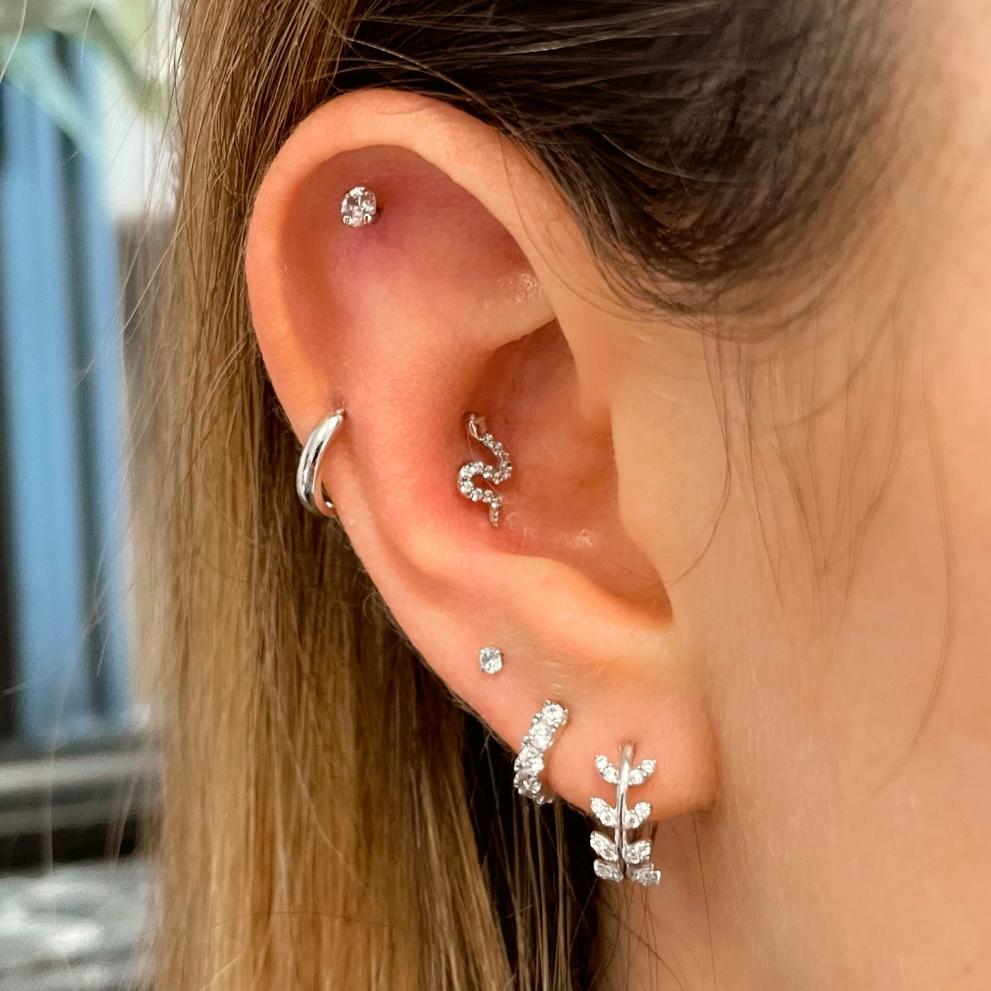 14k solid white gold sparkly snake flat back labret stud earring 8mm Cartilage Studs Laura Bond Maria Tash astrid miyu