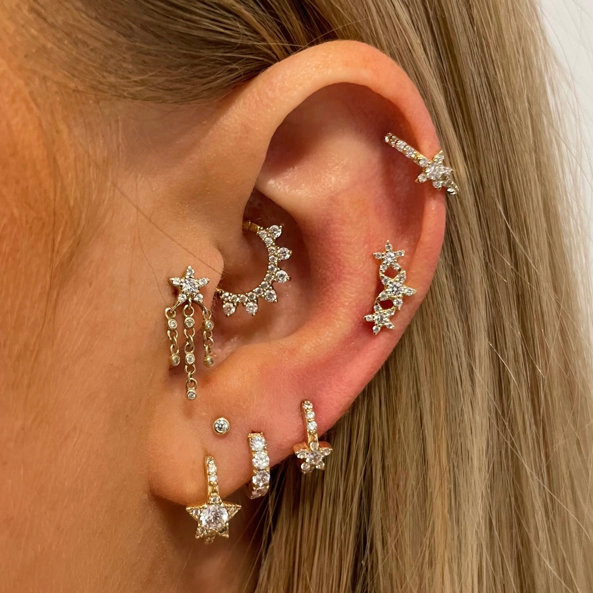 14k solid yellow gold star garland flat back labret stud earring 8mm - LAURA BOND jewellery