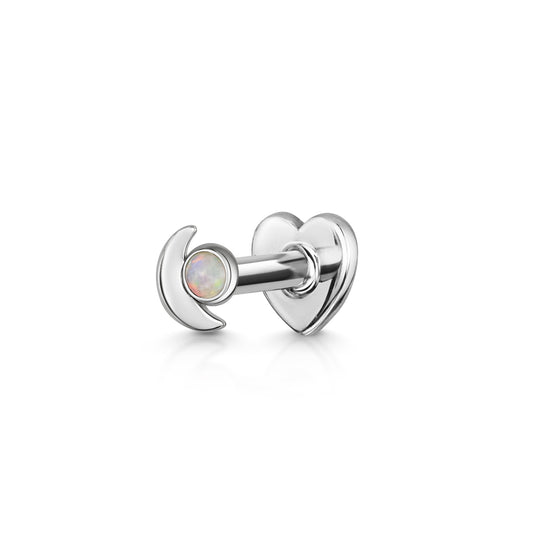 9k solid white gold tiny Mystic Opal Moon flat back labret stud earring 6mm