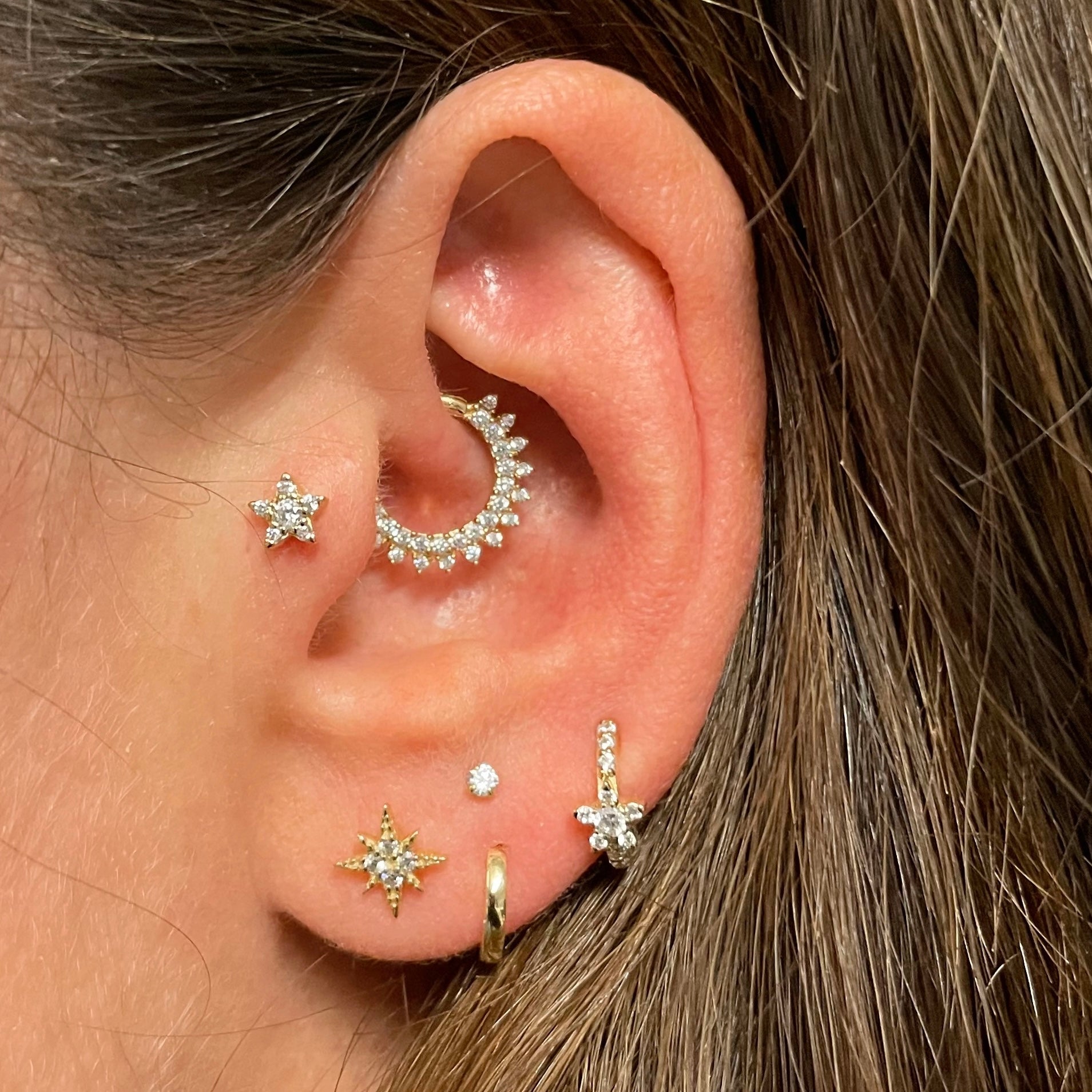 14k solid yellow gold crystal star flat back labret stud earring 8mm Cartilage Studs Laura Bond Maria Tash