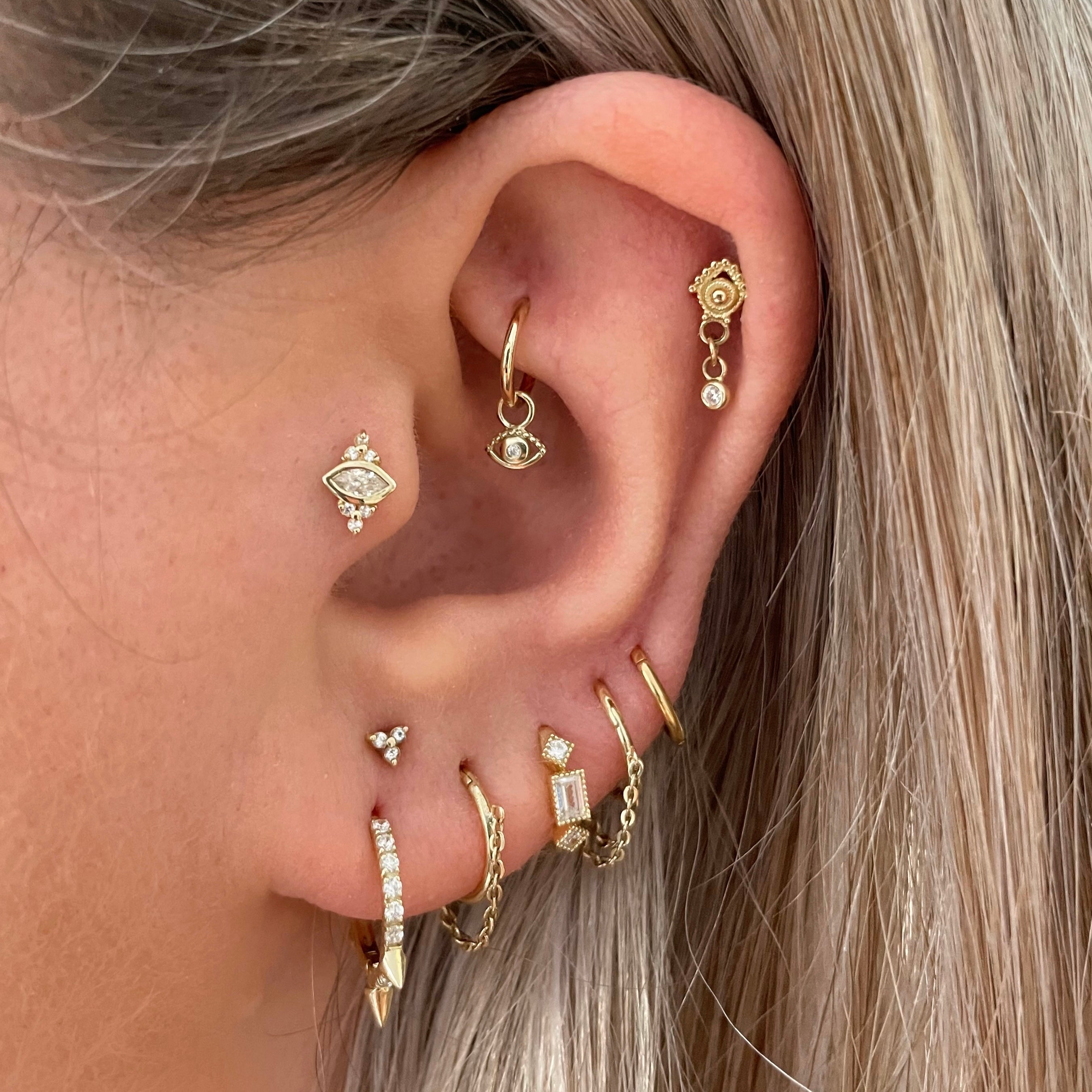 9k solid yellow gold 6mm ornate crystal mini huggie earring
