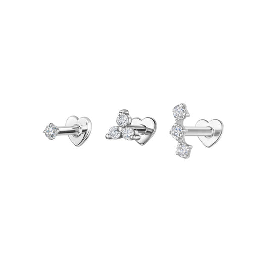 The classic stacking set - 9k solid white gold flat back labret stud earring set