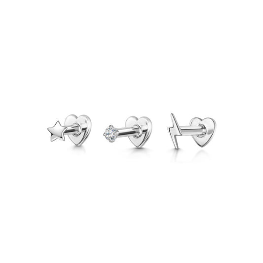 The tiny celestial stacking set - 9k solid white gold flat back labret stud earring set