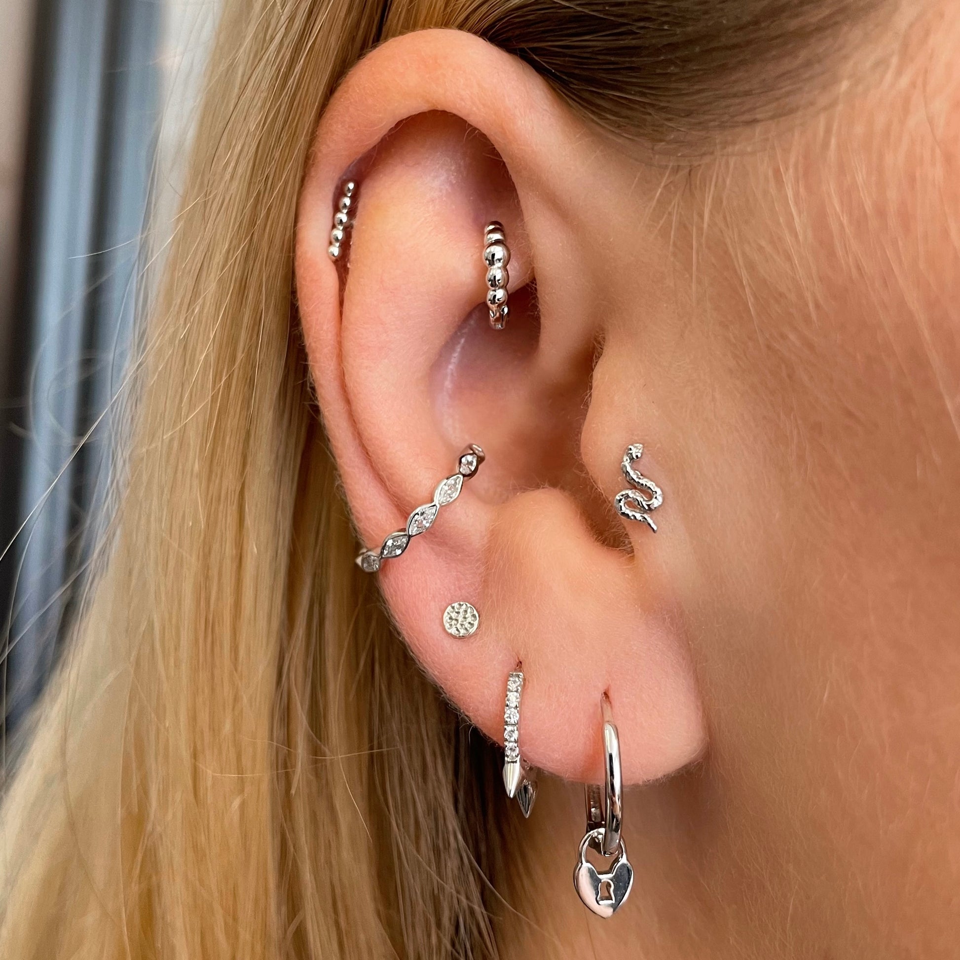 14k solid white gold tiny textured serpent flat back labret stud earring 8mm - LAURA BOND jewellery
