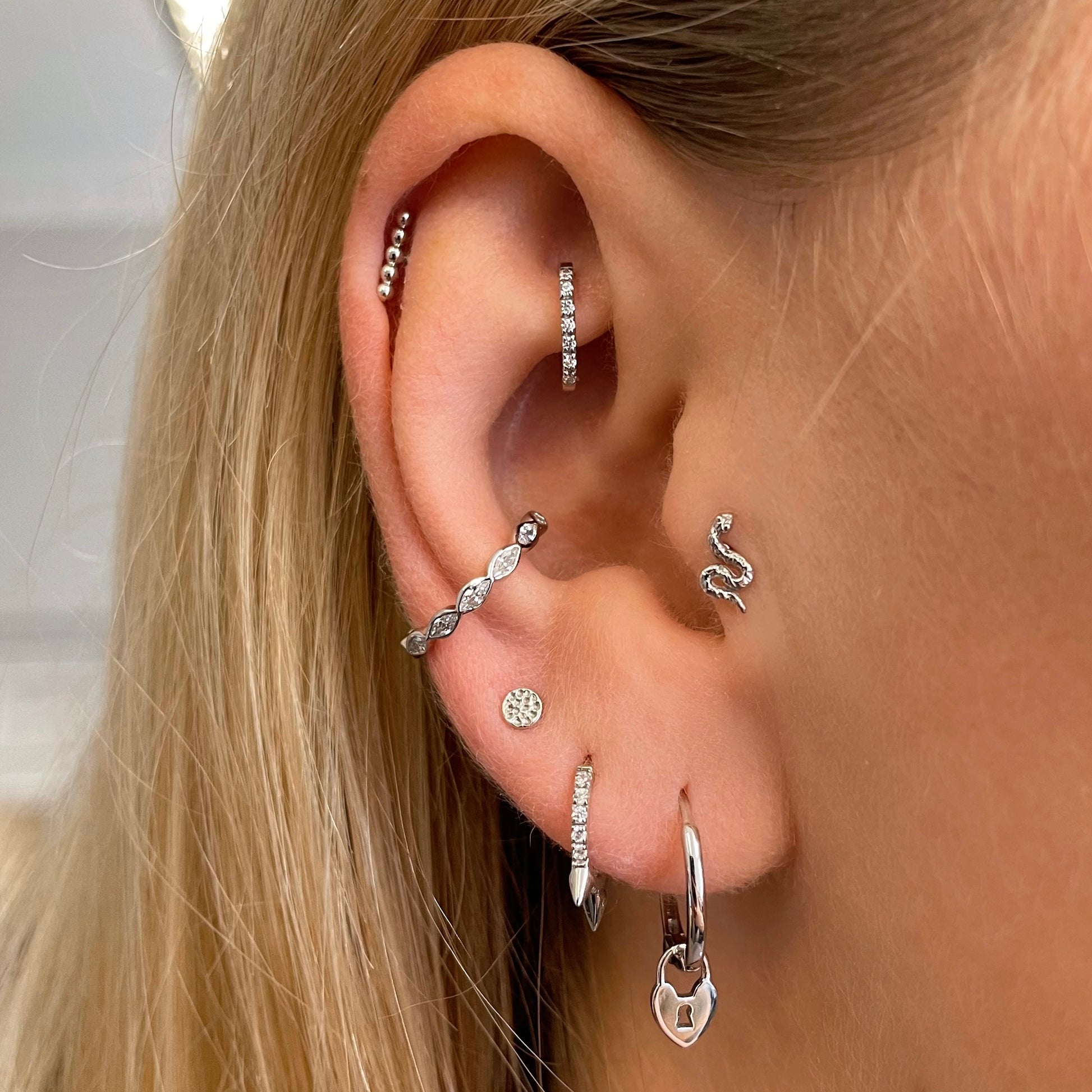 9k solid white gold 7mm 16g crystal oval rook clicker hoop Huggies and Hoops Laura Bond Maria Tash