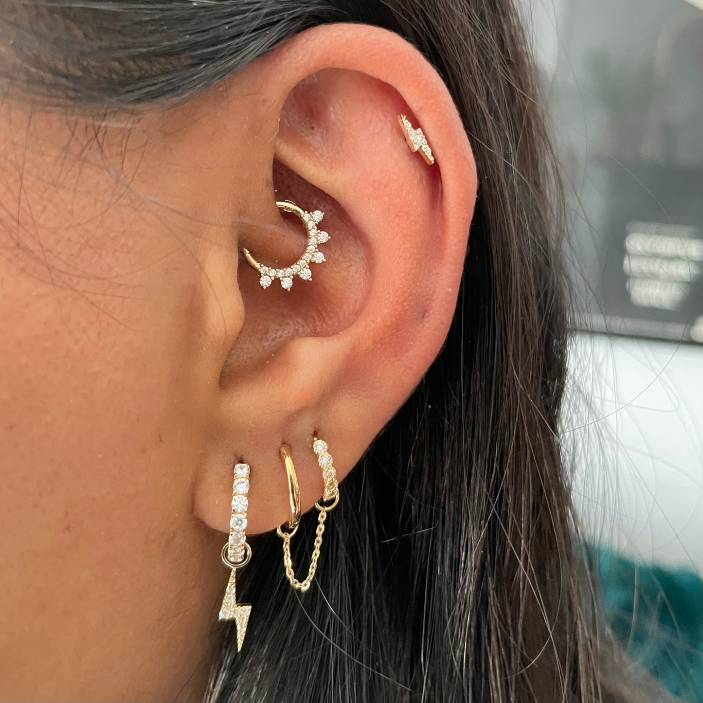9k solid yellow gold 8mm 16g white crystal pavé hoop for daith or septum Huggies and Hoops Laura Bond Maria Tash