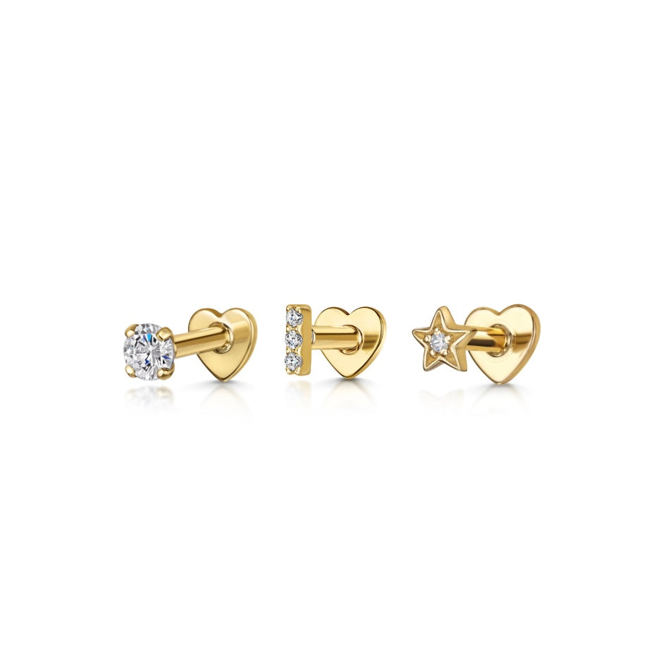 The galaxy stacking set - 9k solid yellow gold flat back labret stud earring set