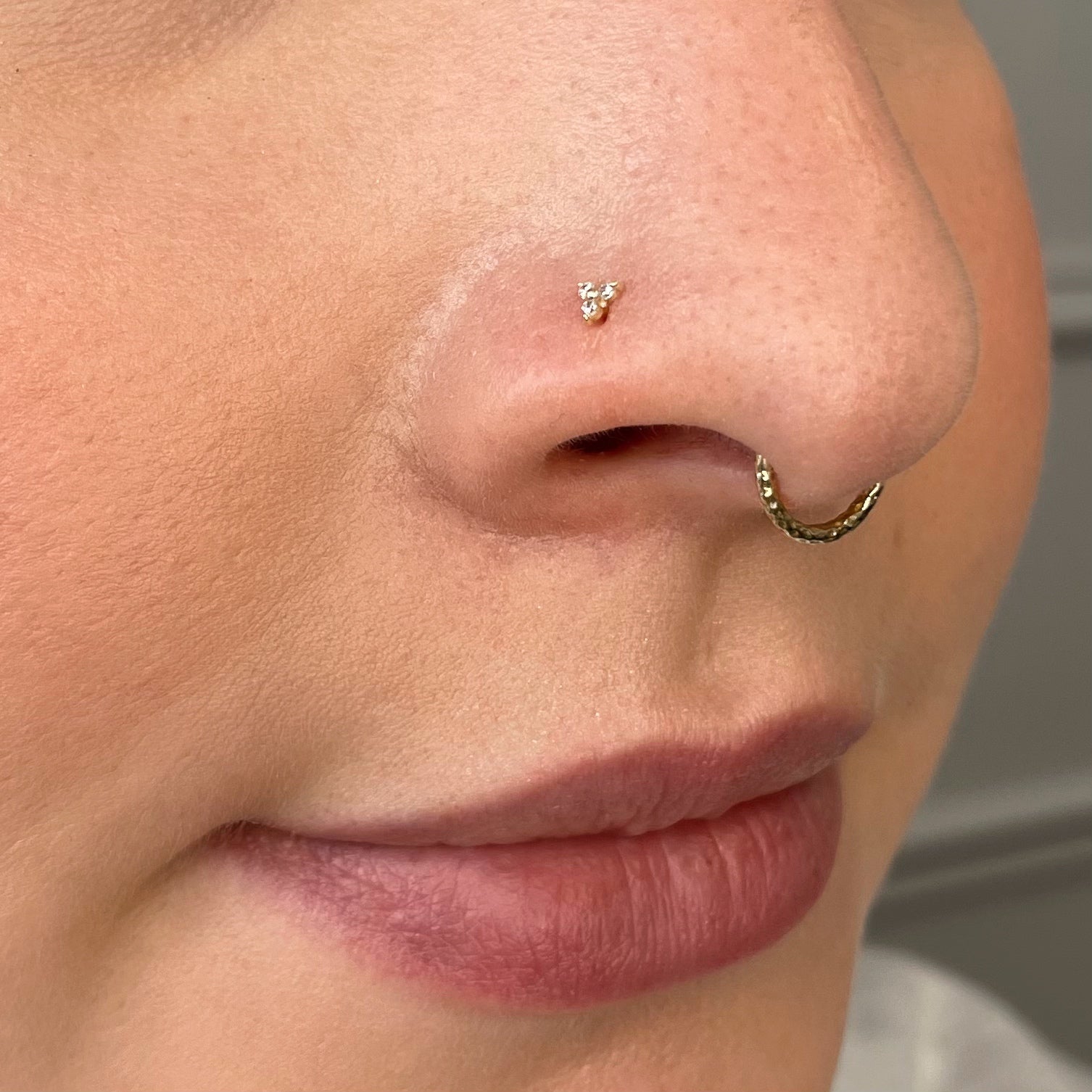 9k solid yellow gold tiny trio nose stud Laura Bond
