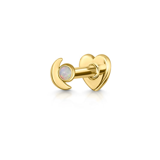 9k solid yellow gold tiny Mystic Opal Moon flat back labret stud earring 6mm