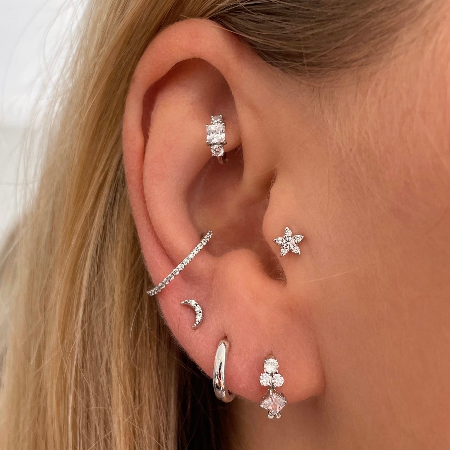 9k solid white gold mini princess cut crystal huggie earring - LAURA BOND jewellery