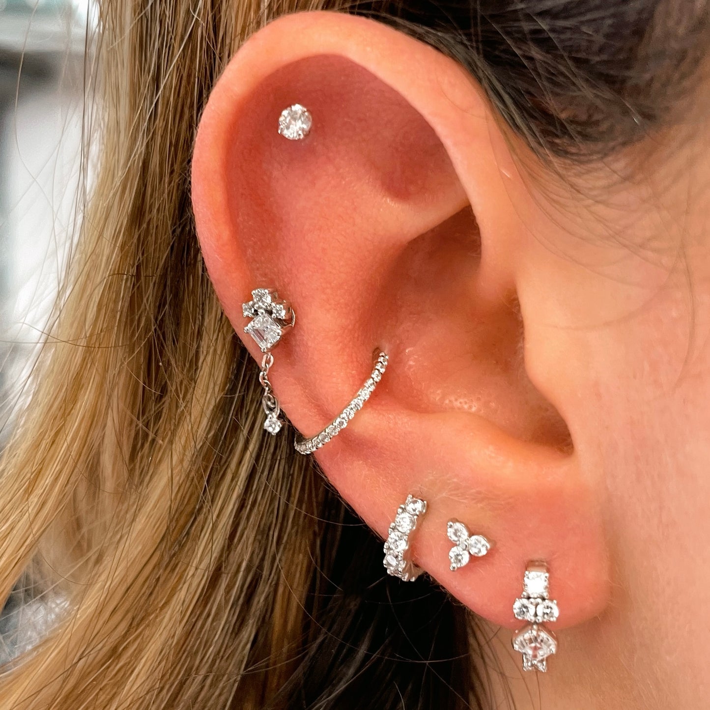 9k solid white gold crystal trio flat back labret stud earring 6mm