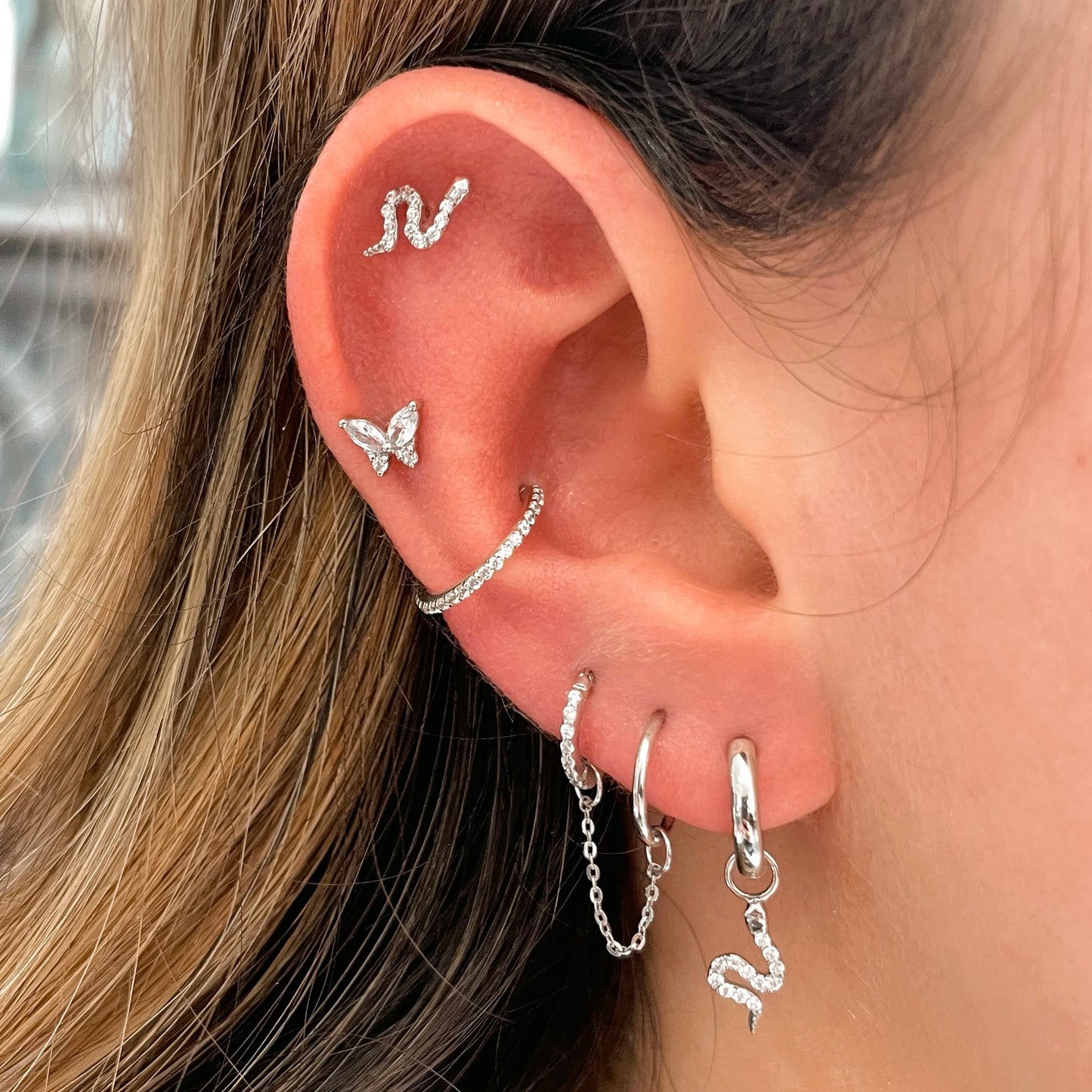 14k solid white gold sparkly snake flat back labret stud earring 8mm Cartilage Studs Laura Bond Maria Tash astrid miyu