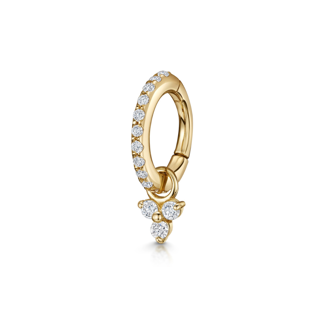 9k solid yellow gold 6mm crystal clicker hoop earring with crystal trio charm Huggies and Hoops Laura Bond Maria Tash astrid miyu