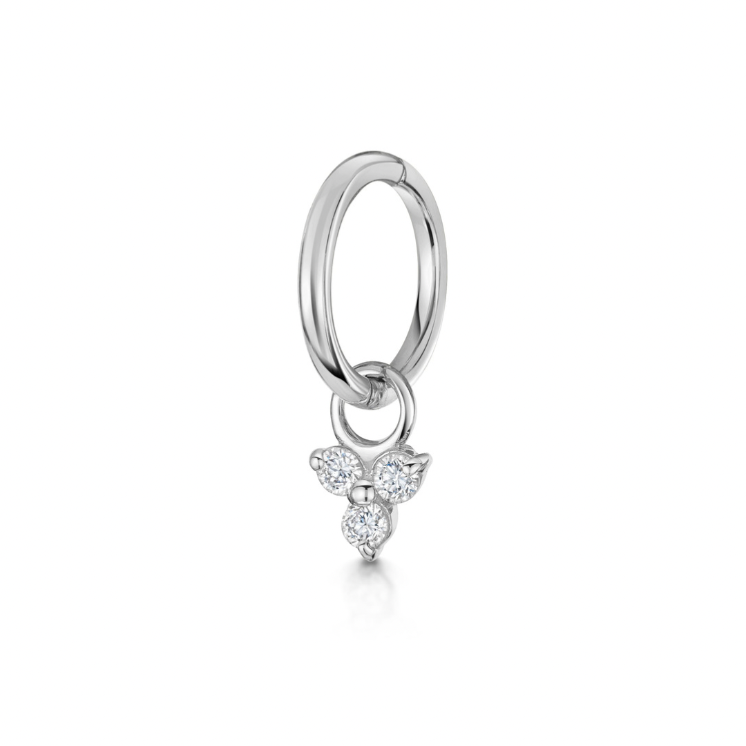9k solid white gold 6mm 18g clicker hoop earring with crystal trio charm