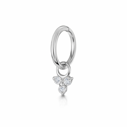 9k solid white gold 6mm 18g clicker hoop earring with crystal trio charm