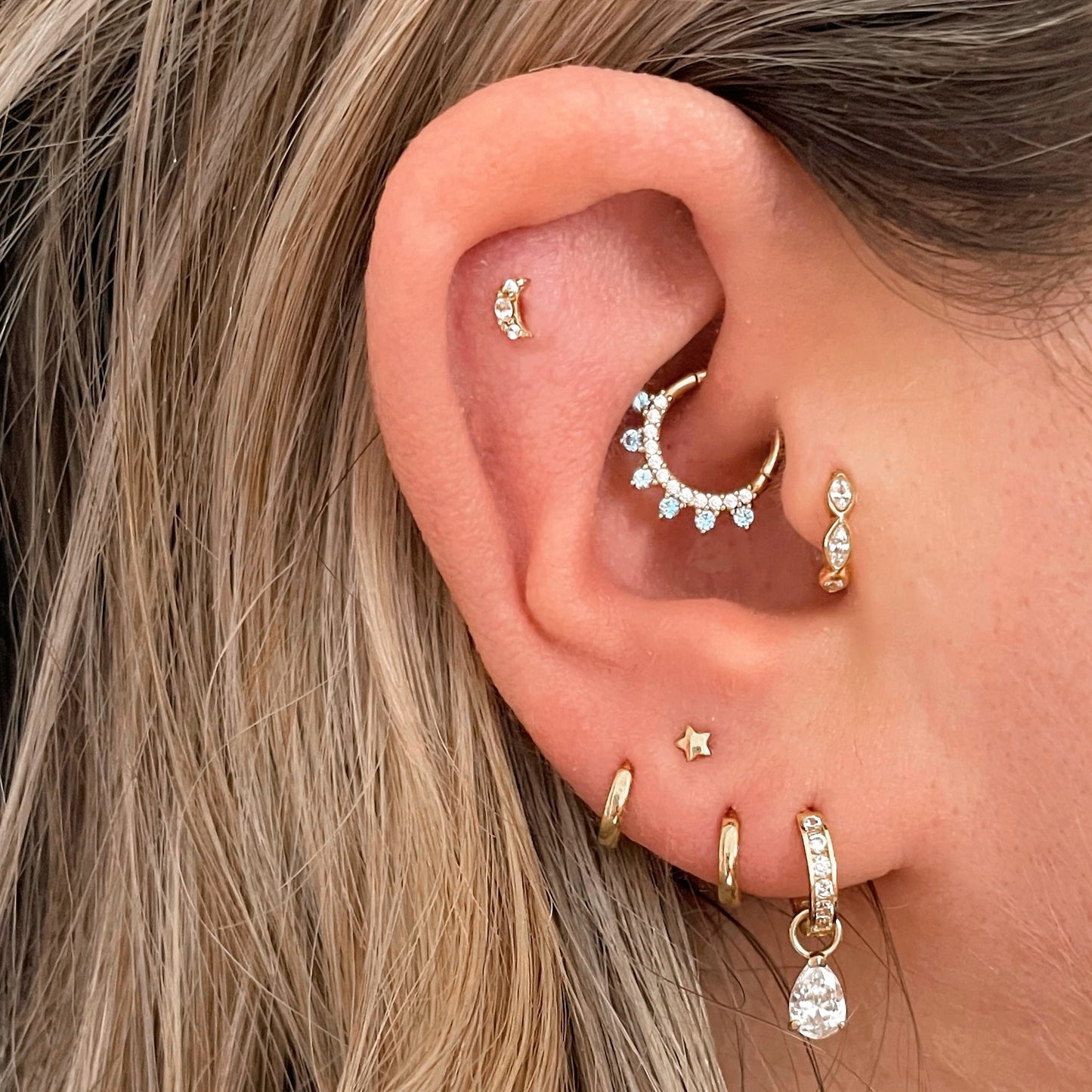 9k solid yellow gold 6mm 16g marquise crystal mini clicker hoop earring Huggies and Hoops Laura Bond Maria Tash