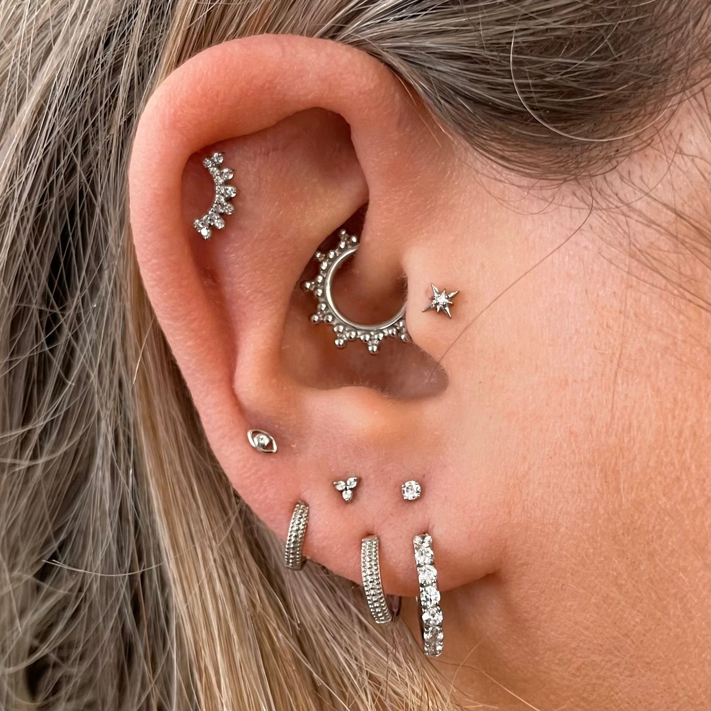 The tiny trio stacking set - 9k solid white gold flat back labret stud earring set