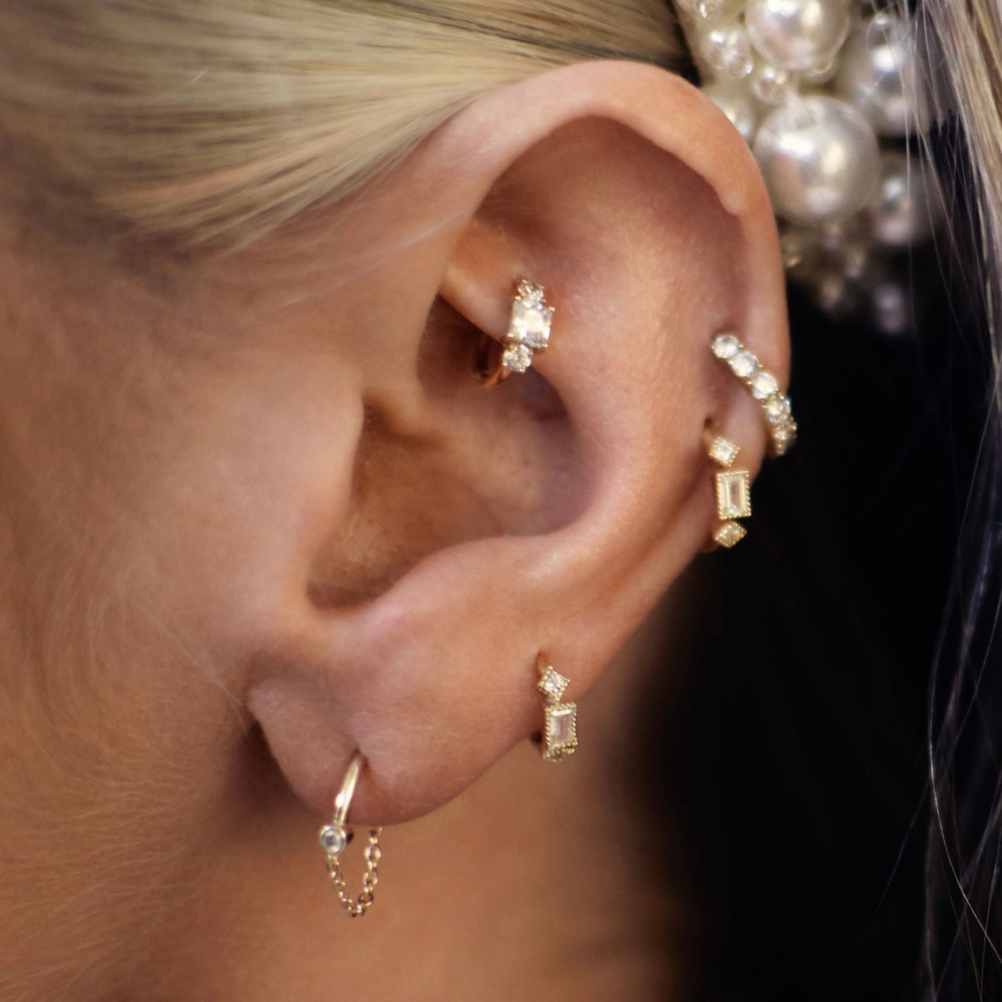 9k solid yellow gold crystal chain huggie earring pair