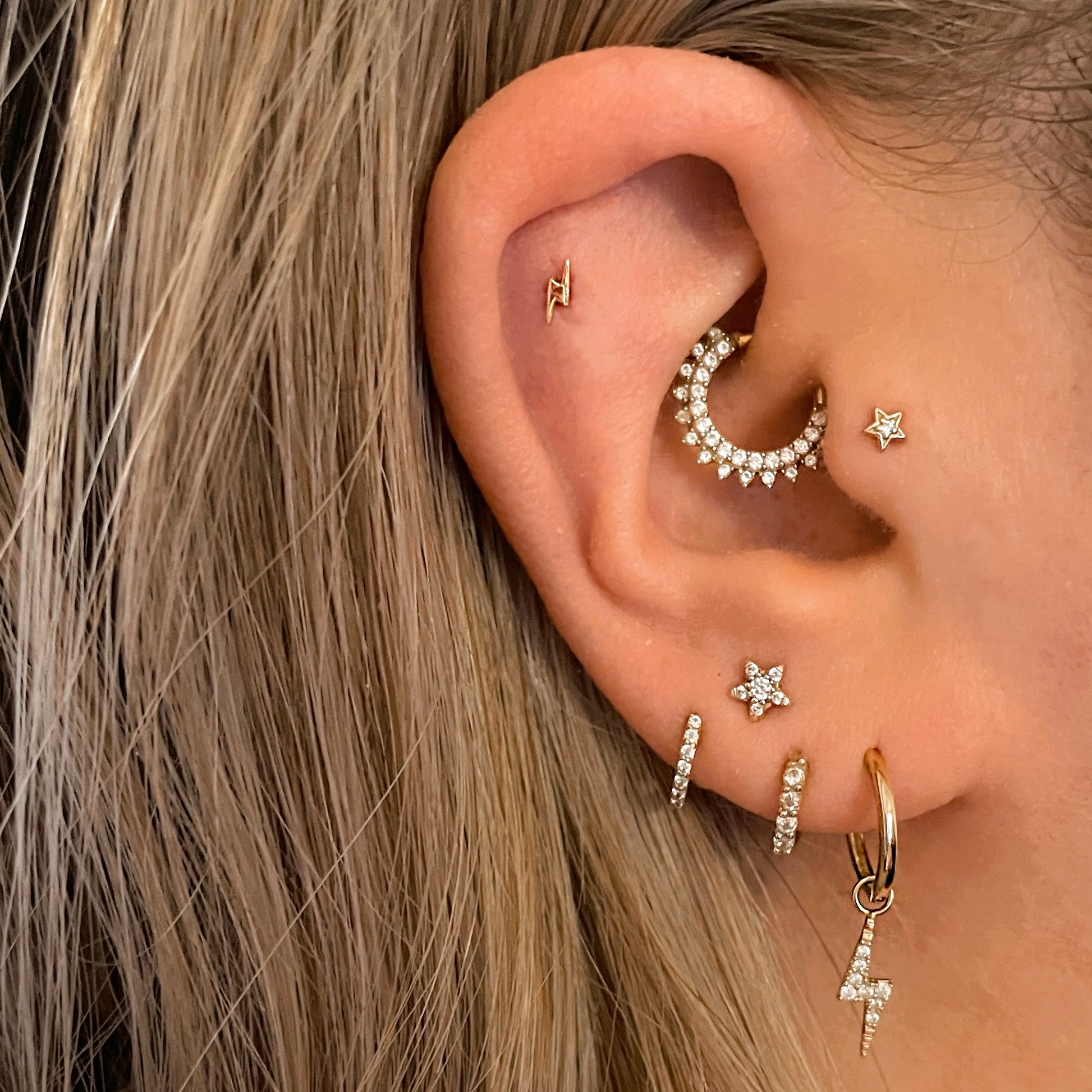 14k solid yellow gold crystal star flat back labret stud earring 8mm Cartilage Studs Laura Bond Maria Tash