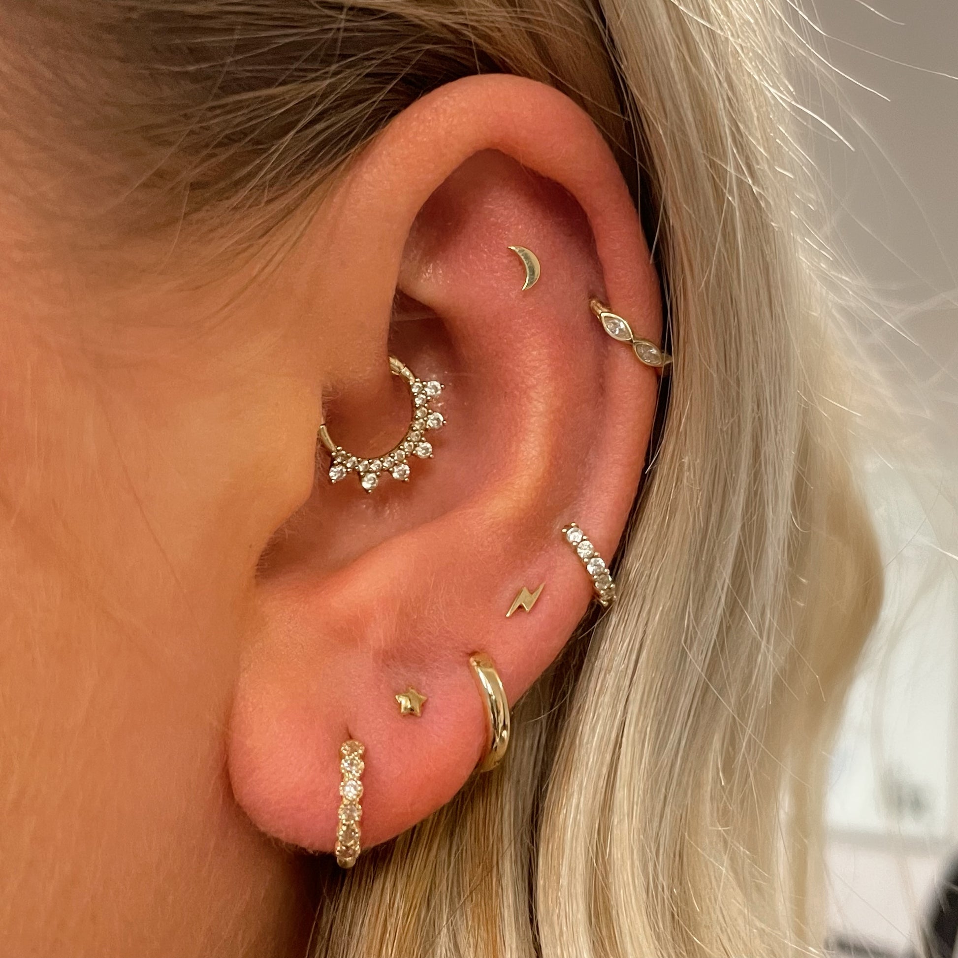 9k solid yellow gold tiny lightning bolt flat back labret stud earring 6mm Cartilage Studs Laura Bond Maria Tash