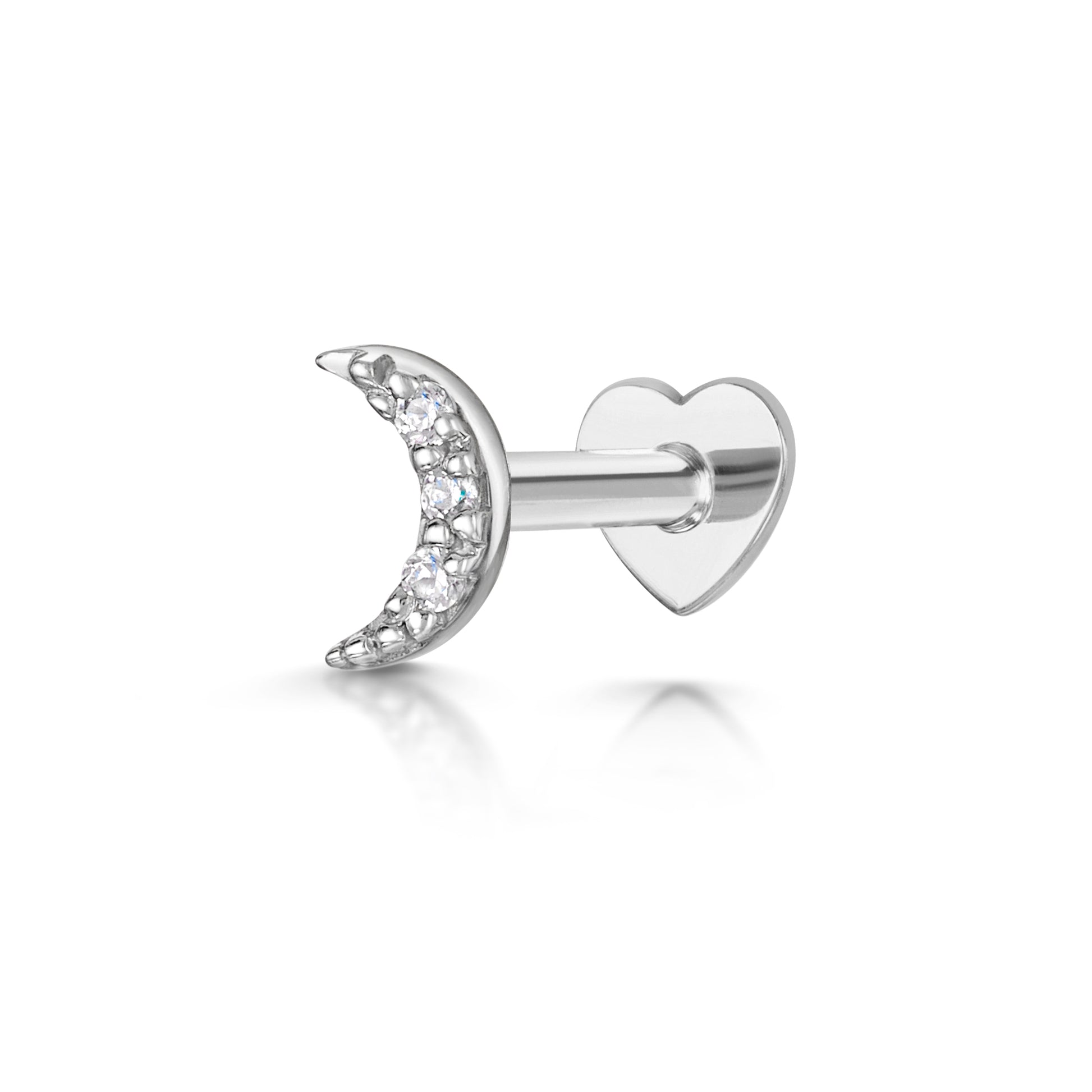 14k solid white gold crystal moon flat back labret stud earring 8mm - LAURA BOND jewellery